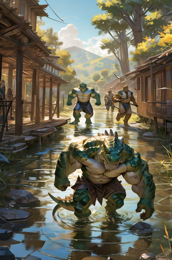 By Taran fiddler, bara, multiple people, lizard, older male, detailed faces, standing, naked, reptile men, a group of anthro reptiles, green scales, erected penises, savages, wearing loinclothes, holding spears, threatening poses, running, crawling, attacking, standing in water, chasing viewer, lake, wilderness, dynamic camera angle, focus on faces