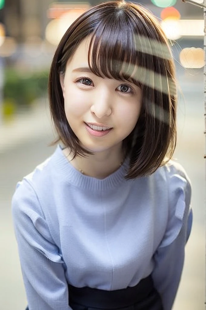 (Skin wounds:1.2), (Skin Dentition), black eye, 1woman, Age 25, (((woman))), alone, Realistic,  Highest quality, photoRealistic, masterpiece, 8K, High resolution, alone, Highly detailed face,  (Professional Lighting, Bokeh), (Particles of light, Lens flare, Glowing particles:0.6), (Dynamic pose:1.2), Soft lighting, View from above, Fashionable and trendy atmosphere, Japan, street, Tokyo, city, ((Daytime)), null,  ((Looking at the audience:1)), (Looking into the camera),(Portraiture:0.6), Cowboy Shot, nice, Are standing, Maintain the original face proportions, Broad shoulders, whole body,  (Small breasts),  (Medium Hair), Brown Hair, Floating Hair, lips, lipstick, seductive smile, Floating Hair, smile, Open_mouth, teeth, (White blouse without sleeves), (Jumper skirt), eyelash, Mole, (Mole under eye:1),