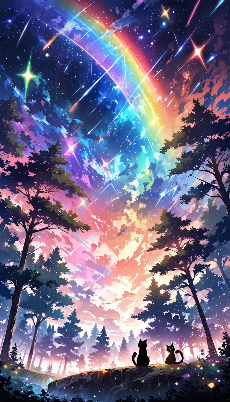 Animated paintings inspired by Makoto Shinkai, space art, (sideways (black cat) sitting looking at the sky from the forest), mysterious, fantastic, meteor shower, intricate lights in rainbow colors, twinkling trees, ((unattended)),