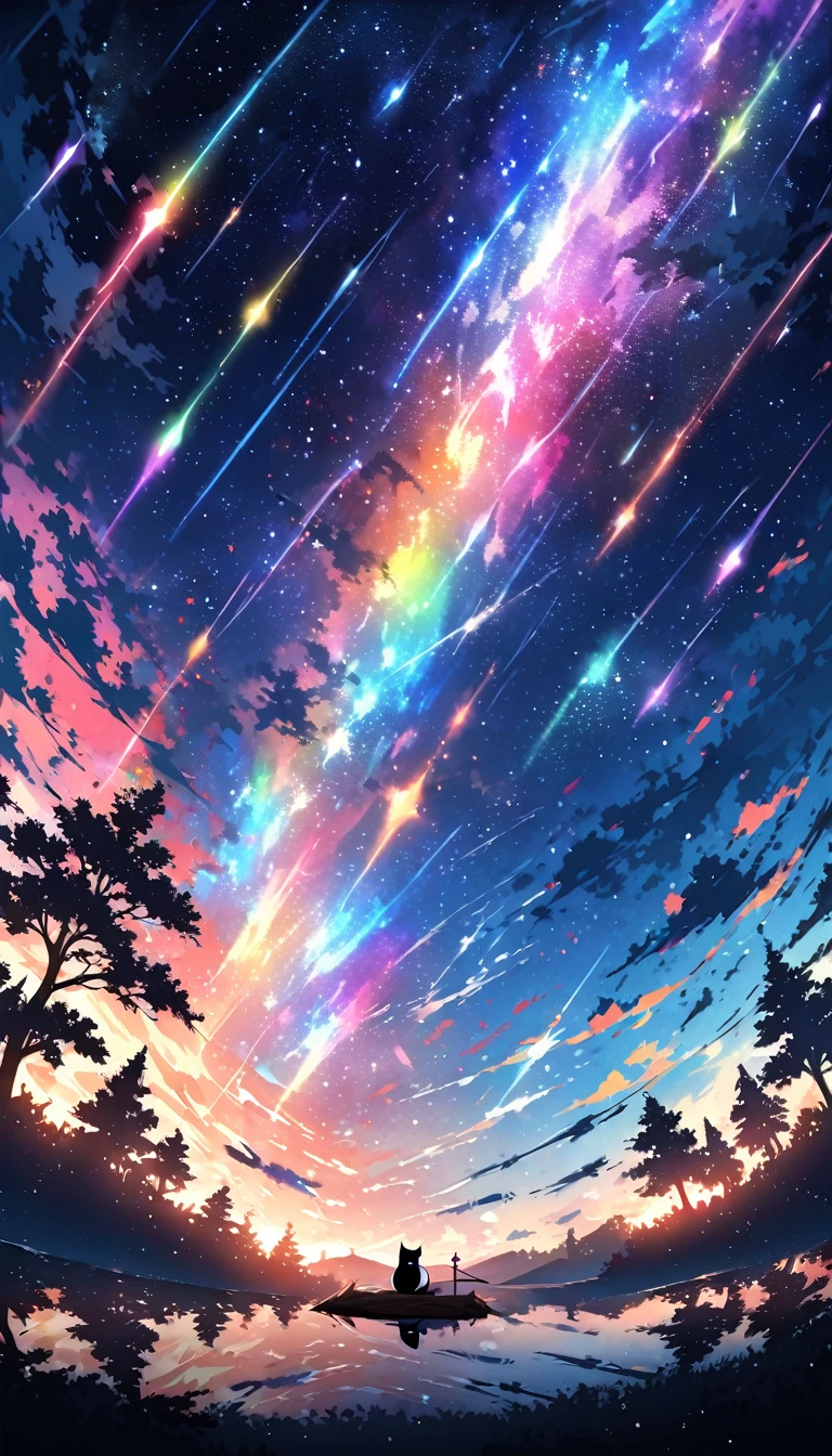 Animated paintings inspired by Makoto Shinkai, space art, (sideways (black cat) sitting looking at the sky from the forest), mysterious, fantastic, meteor shower, intricate lights in rainbow colors, twinkling trees, ((unattended)),