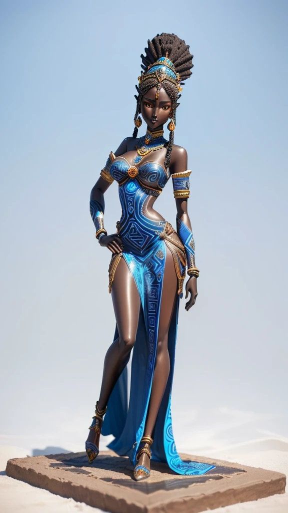 a close up of a statue of a woman in a blue dress, black african princess, dark skin female goddess of love, african princess, african queen, stunning african princess, african woman, tall thin beautiful goddess, resin statue, female figure in maxi dress, painted action figure, futuristic himba young woman, african american woman, beautiful detailed figure, epic 3 d oshun