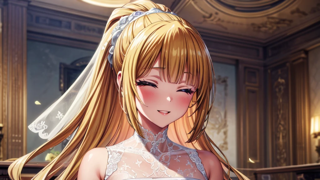 (masterpiece, top quality, best quality, official art, beautiful and aesthetic:1.2), (1girl:1.3), extremely detailed, official artstyle, highest detailed, parted lips,wallpaper, both eyes closed, long hair, beautiful blonde hair, ponytail hairstyle, bangs, (happiness, beautiful smile, happy expression, happy face), ((Wedding dress, chies, Bridal veil, Wedding, Bouquet)),(cowboy shot), holding a flower, cowboy shot