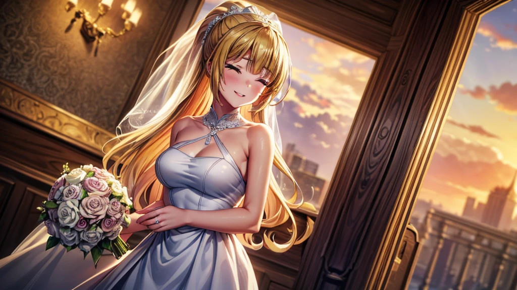 (masterpiece, top quality, best quality, official art, beautiful and aesthetic:1.2), (1girl:1.3), extremely detailed, official artstyle, highest detailed, parted lips,wallpaper, both eyes closed, long hair, beautiful blonde hair, ponytail hairstyle, bangs, (happiness, beautiful smile, happy expression, happy face), ((Wedding dress, chies, Bridal veil, Wedding, Bouquet)),(cowboy shot), holding a flower, cowboy shot