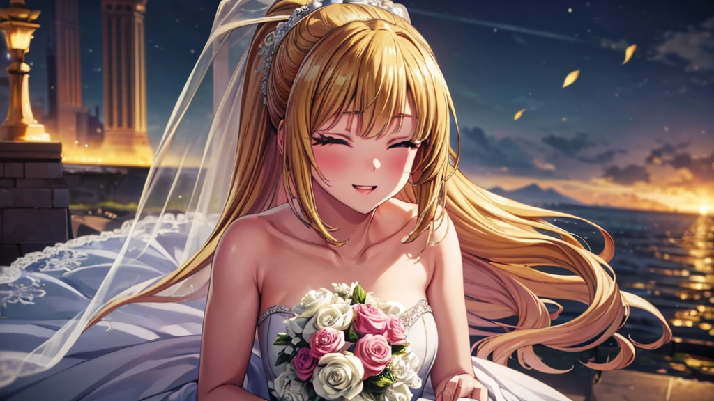 (masterpiece, top quality, best quality, official art, beautiful and aesthetic:1.2), (1girl:1.3), extremely detailed, official artstyle, highest detailed, parted lips,wallpaper, both eyes closed, long hair, beautiful blonde hair, ponytail hairstyle, bangs, (happiness, beautiful smile, happy expression, happy face), ((Wedding dress, chies, Bridal veil, Wedding, Bouquet)),(cowboy shot), holding a flower, cowboy shot