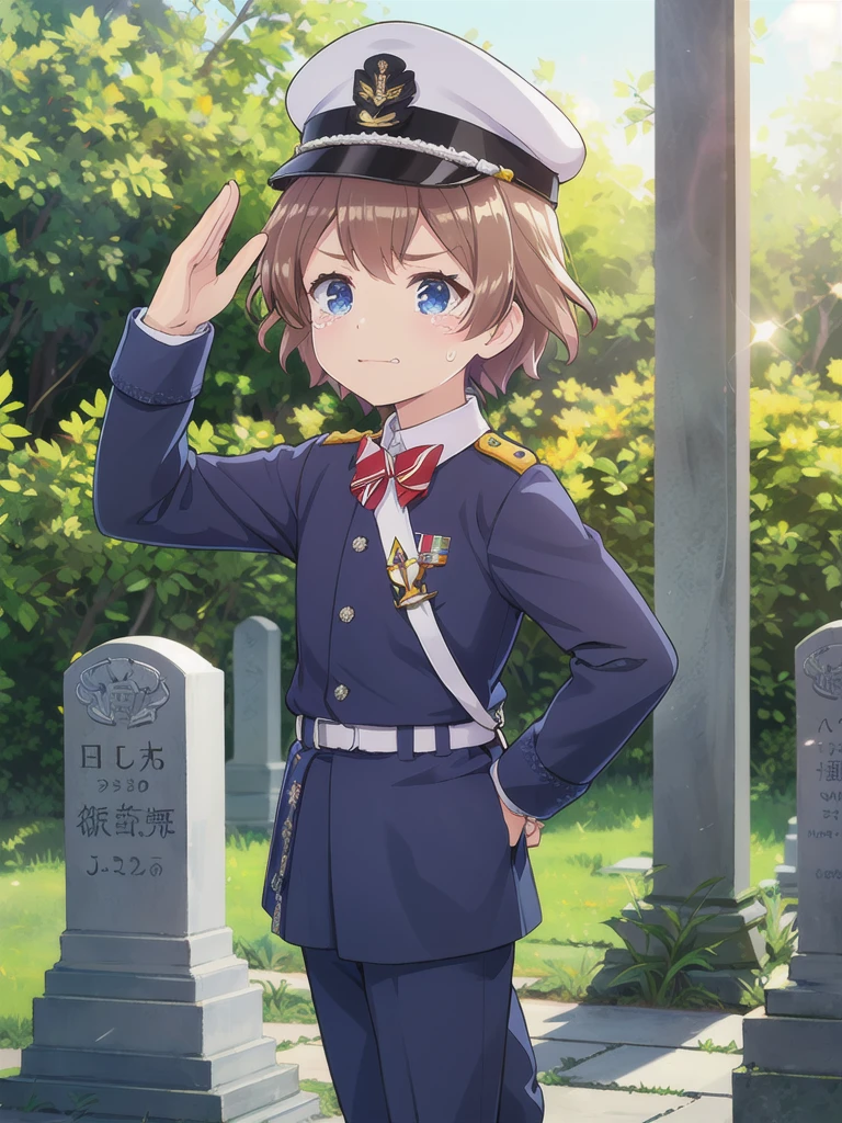 Highest quality,masterpiece,12 years old,serious,(Close your mouth),blue eyes,Outdoor,Grave,Graveの前,Graveに対面する,Are standing,Lens flare,Flower storm,Brown Hair, short hair, Navy uniform,, (Raise your left hand,45 degree salute,Be careful with your right hand),Navy uniform cap,tears ,from side