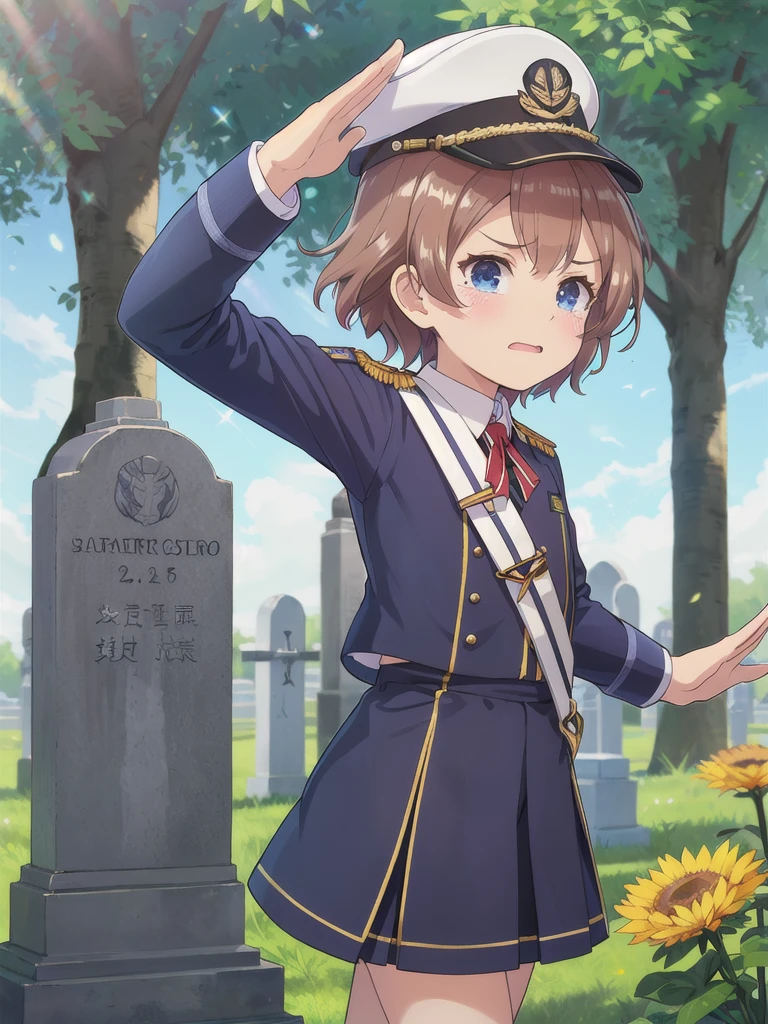 Highest quality,masterpiece,12 years old,serious,(Close your mouth),blue eyes,Outdoor,Grave,Graveの前,Graveに対面する,Are standing,Lens flare,Flower storm,Brown Hair, short hair, Navy uniform,, (Raise your left hand,45 degree salute,Be careful with your right hand),Navy uniform cap,tears ,from side