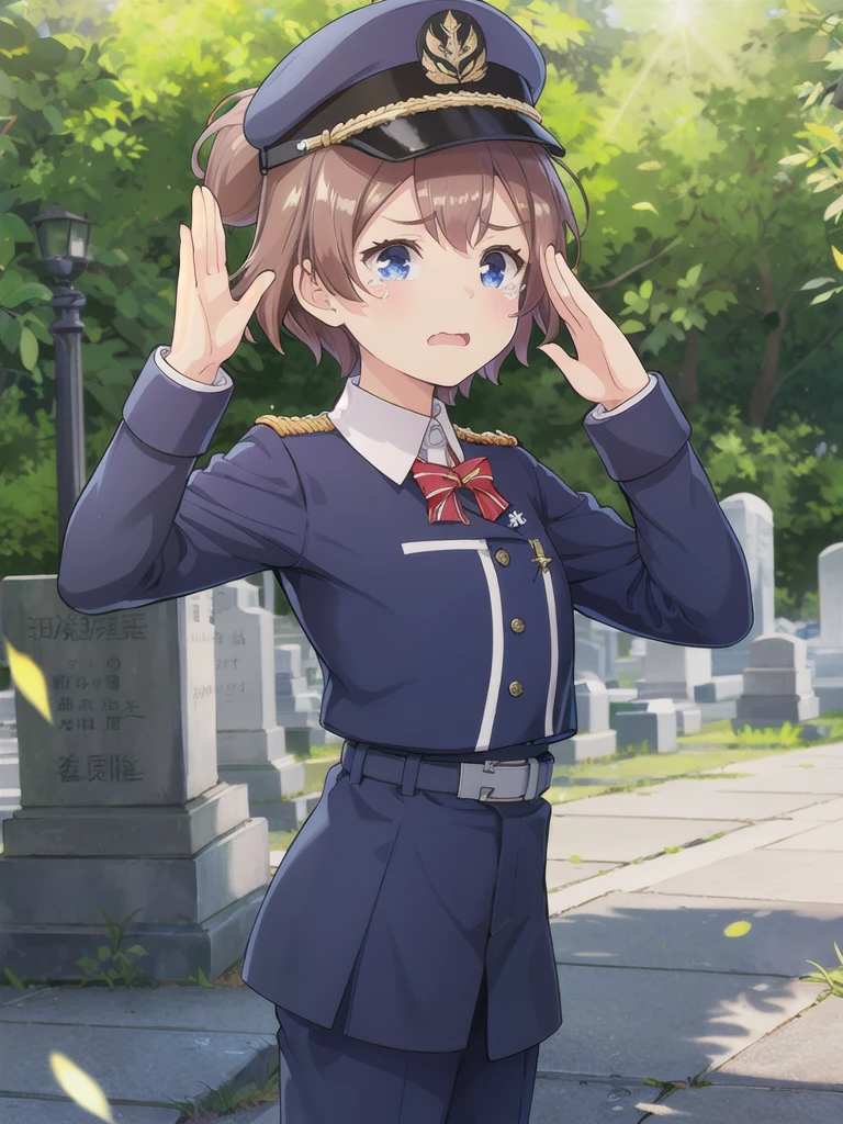 Highest quality,masterpiece,,serious,(Close your mouth),blue eyes,Outdoor,Grave,Graveの前,Graveに対面する,Are standing,Lens flare,Flower storm,Brown Hair, short hair, Navy uniform,, (Raise your left hand,45 degree salute,Be careful with your right hand),Navy uniform cap,tears ,from side