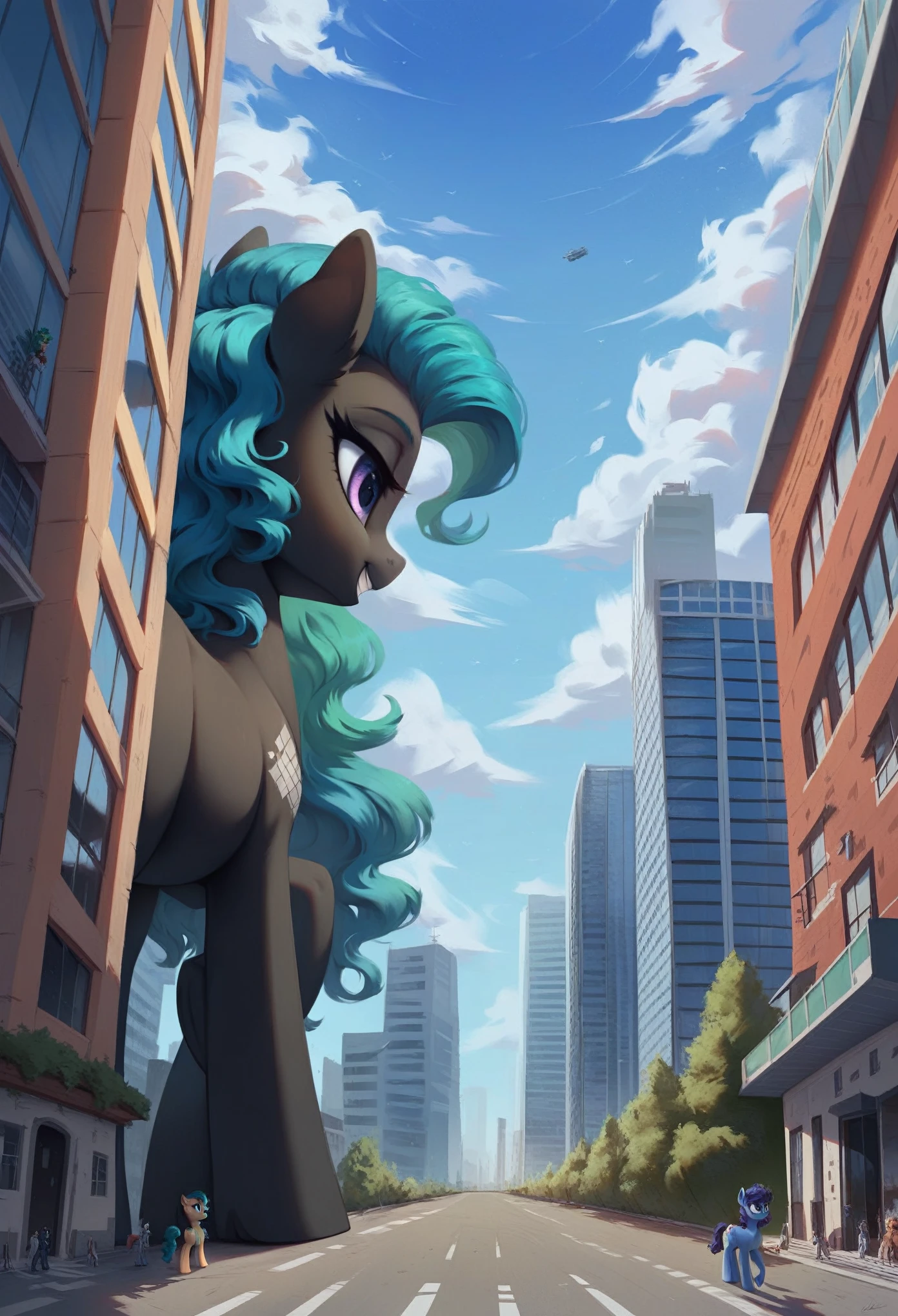 score_9, score_8_up, score_7_up, 2girls, 2female, 1 girl, 1 girl, duo, twice, giantess, macro, giant pony, (character1: white body, blue hair, wavy hair, purple eyes), (character2: black body, green hair, straight hair, blue eyes), (lean ass on building:1.3), anatomically correct, feral anatomy, good anatomy, depth of field, muted colors, extremely high quality RAW photograph, earth pony, semi-anthro, female, ponified, fluff chest, (walking through the city, a eye level shot, close-up, focus), (background: among buildings, narrow streets, as tall as buildings),