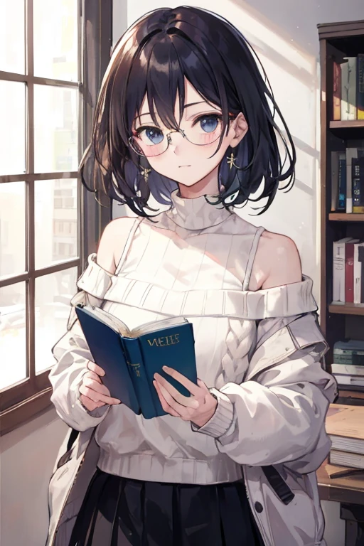 Hands clasped behind back.Taking off his jacket,Feeling embarrassed,Blushing,Glasses,I have a book,Talented,Looks smart,Not interested in people,((Highest quality)), ((masterpiece)), (detailed), One girl, Off-the-shoulder sweater, 