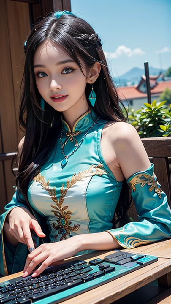 masterpiece, Highest quality, Super detailed, figure,(One girl),Beautiful attention to detail, View your viewers, (Holding a computer keyboard), Happy, (Turquoise Hair:1), (Blue round eyes:1), (Round earrings), (turquoise large gemstone necklace), Cute round face, Long Hair, smile, Fantasy Chinese Clothing,No sleeve、I&#39;m not wearing underwear、Very attractive