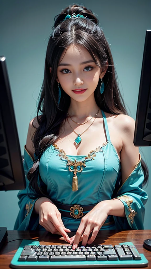 masterpiece, Highest quality, Super detailed, figure,(One girl),Beautiful attention to detail, View your viewers, (Holding a computer keyboard), Happy, (Turquoise Hair:1), (Blue round eyes:1), (Round earrings), (turquoise large gemstone necklace), Cute round face, Long Hair, smile, Fantasy Chinese Clothing,No sleeve、I'm not wearing underwear、Very attractive