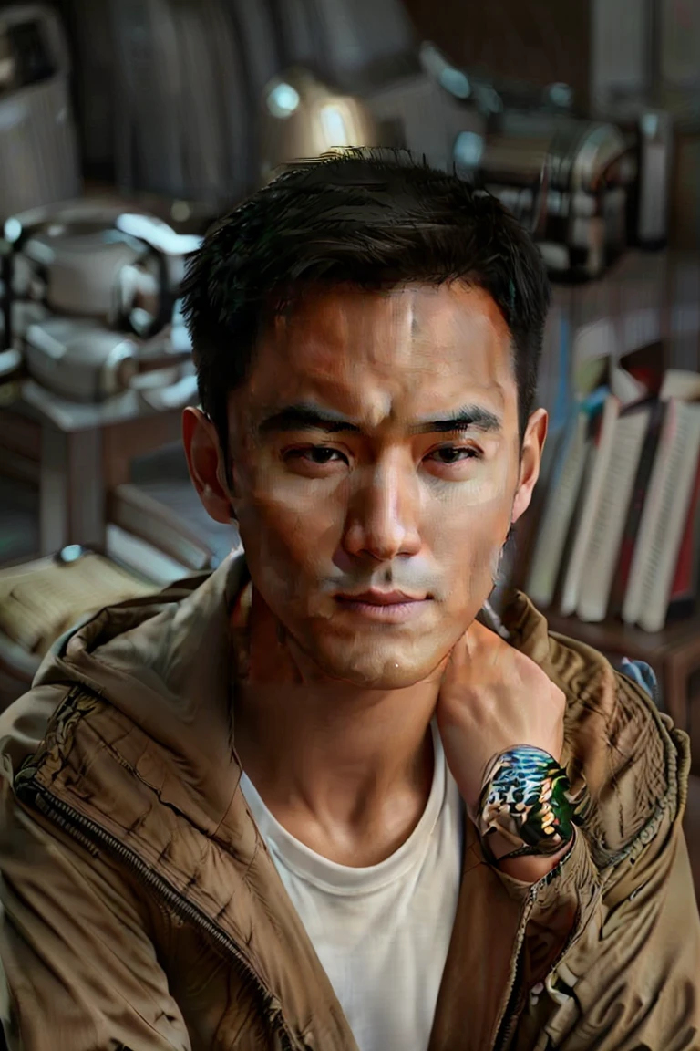 masterpiece, Best quality, ultra detailed, realistic, Detailed Face, Detailed and realistic skin, perfect shiny skin, One male, young man, 25 years old, (short Gradient black Hair), cinematic lighting, half body, sitting on gaming chair, front face, half body