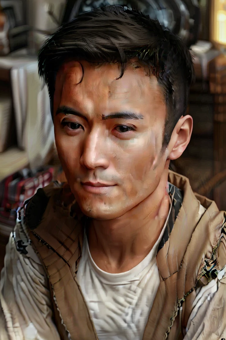masterpiece, Best quality, ultra detailed, realistic, Detailed Face, Detailed and realistic skin, perfect shiny skin, One male, young man, 25 years old, (short Gradient black Hair), cinematic lighting, half body, sitting on gaming chair, front face, half body