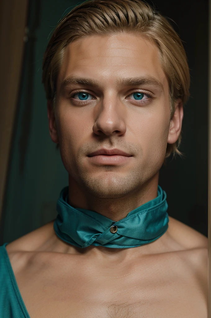 High quality, oil painting, Below chin blonde hair man, teal color eyes, handsome