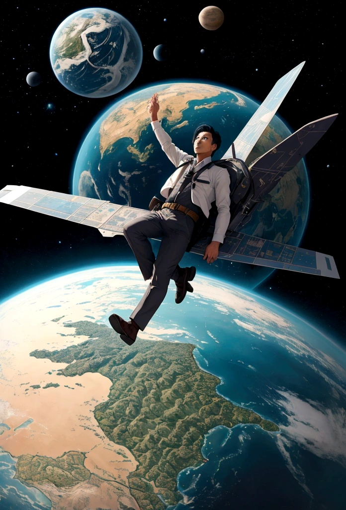 A man flies through the sky,Surrounded by a planet,A variety of stranger city surround it。The man holds the map,'s illustration。