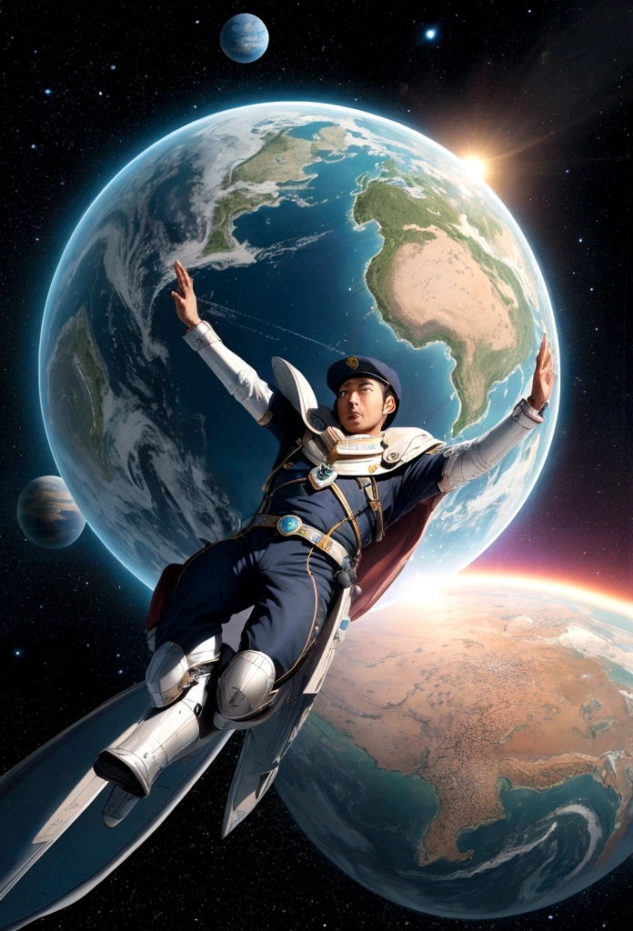 A man flies through the sky，Surrounded by a planet，A variety of stranger city surround it。The man holds the map，'s illustration。