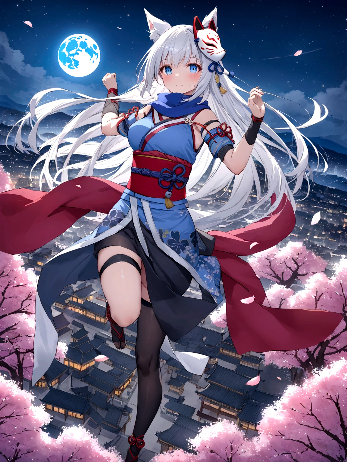 gauntlet、Throwing Shuriken、insert、Asahi、A magnificent view of the city from the treetopasterpiece, best quality:1.2), 1girl, 独奏,Wolf girl, fox mask, ninja, girl, long white hair, odd eyes, blue kimono, ninja girl, red and blue scarf,Dancing Cherry Blossoms,Full moon backlighting, light coming in, fantastic atmosphere.night、Shadows of light and darkness、Eyes glowing in the dark、Black fox mask、Fisheye Lens、Expansive starry sky、long hair that spreads、Overlooking the city from atop a large cherry tree、Aside exposure