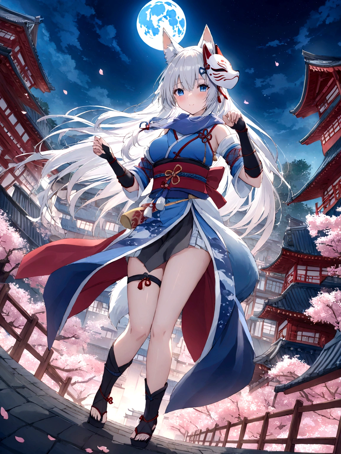 gauntlet、Throwing Shuriken、insert、Asahi、A magnificent view of the city from the treetopasterpiece, best quality:1.2), 1girl, 独奏,Wolf girl, fox mask, ninja, girl, long white hair, odd eyes, blue kimono, ninja girl, red and blue scarf,Dancing Cherry Blossoms,Full moon backlighting, light coming in, fantastic atmosphere.night、Shadows of light and darkness、Eyes glowing in the dark、Black fox mask、Fisheye Lens、Expansive starry sky、long hair that spreads、Overlooking the city from atop a large cherry tree、Aside exposure