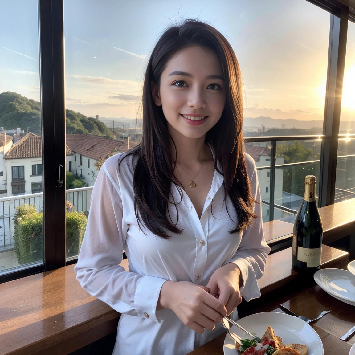 ((Highest quality、8K、masterpiece:1.3))、1 male 1 female、Lovers of Hakodate、Beautiful couple、Smile、full-course dinner、 (Slim face), (the body is スリム), (Brown Hair), (Shortcuts), ((Bob Hale、Straight hair:1.2)), テーブルの上のwine glass、Shine light on your face、 Amazing view of the sunset sky and clouds、The beauty of a smile、Bright image、Blushing, Shortcuts, (Age 35), 39 years old, Appetizers、Italian food、Wine bottle、Champagne、sparkling wine、Long sleeve shirt、dress、Attractive beauty、restaurant, Nova Frog Style, actress, model, Upper Body, White wine, red wine, wine glass,