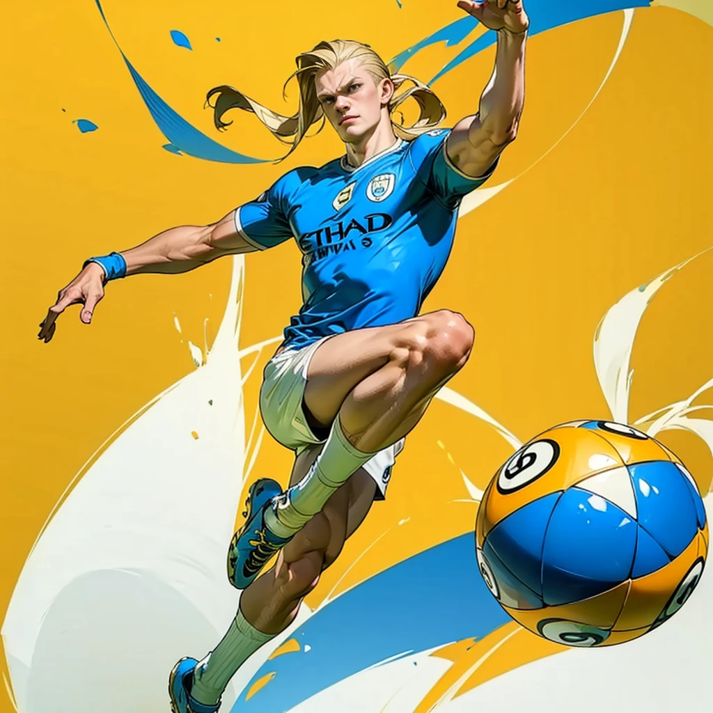 Random evolution, (1man), (full body version), tall man, muscle, Masculine, (his face scowls), albino skins, sport, football player, 1ball, (Blonde colored hair, Long Straight hairstyle, narrow eyes, hazel eyes), Manchester City blue t-shirt, White shorts, white socks, Grassroots, There's a ball, ((his pose is bicycle kick)), (((his foot right are on fire))), (((His right leg was burned))), (full background, football stadium background)