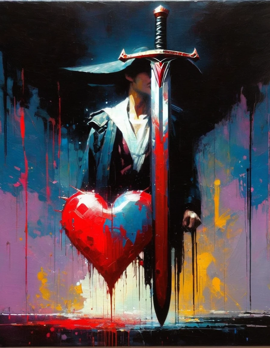 icon with a heart, a sword and blood  (art inspired by Bill Sienkiewicz). oil painting)

