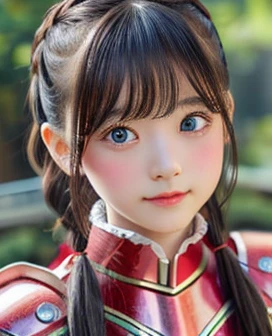 8K、Highest quality、1 Girl、()、Flat Body、cute、 View your viewers, blush, bangs, gloves, Upper Body, Braiding, hair band, Outdoor, Lips parted, null, Day, , Pink Eyes, ((Wearing red armor)), wood, , Blurred Background, , side Braiding,