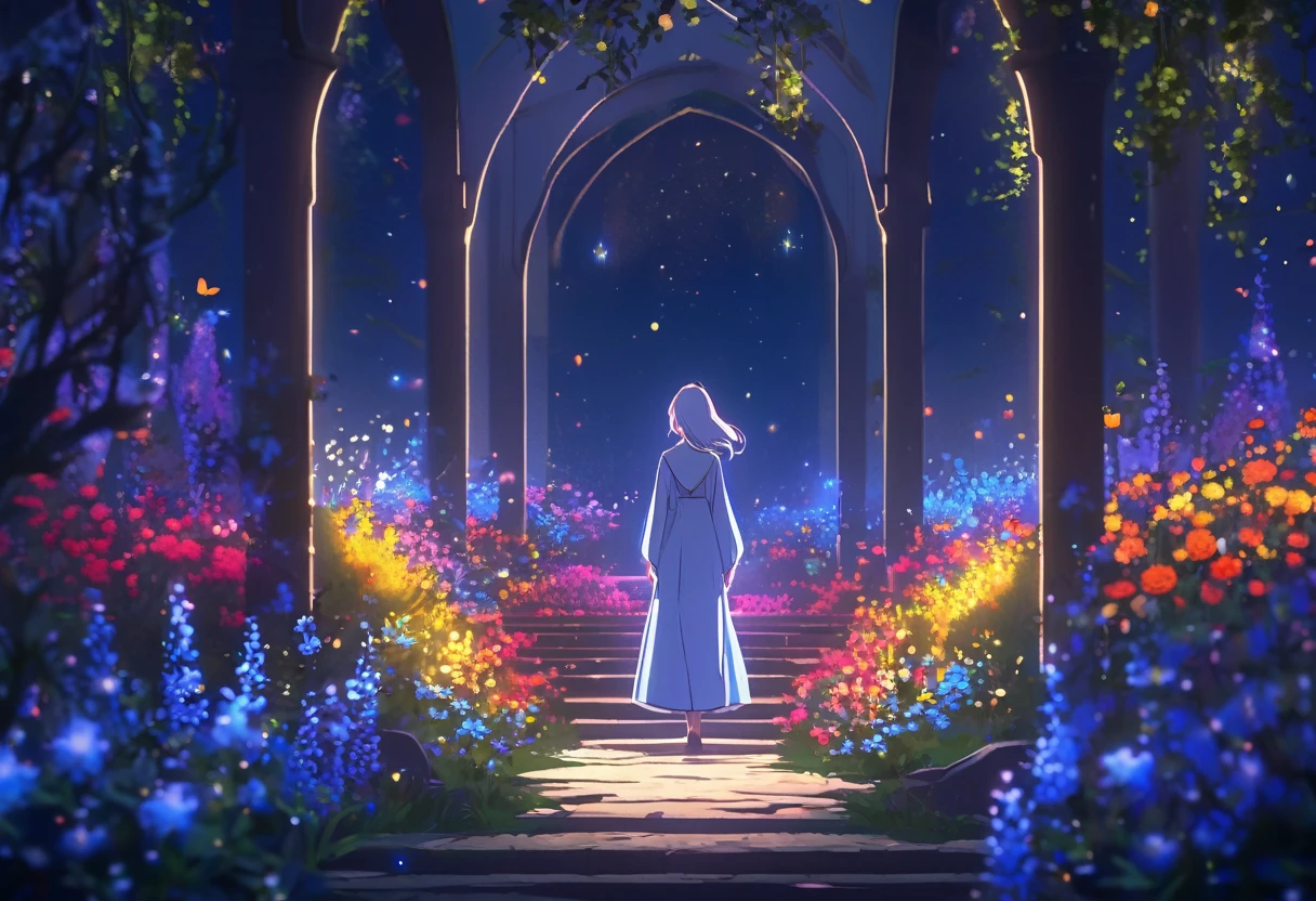 (((zoom out))),8k,((Highest quality)),((high-res)),((shot from behind)),night,She stands in a sanctuary in nature,flowers,outside,colorful,thank you!