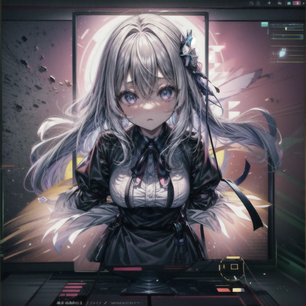 through screen, stuck, monitor,  1girl, breasts,  solo,サイバーメカ娘、looking at viewer, エメラルドhair between eyes, shirt, very long hair, bangs, , long sleeves, upper body, virtual youtuber,