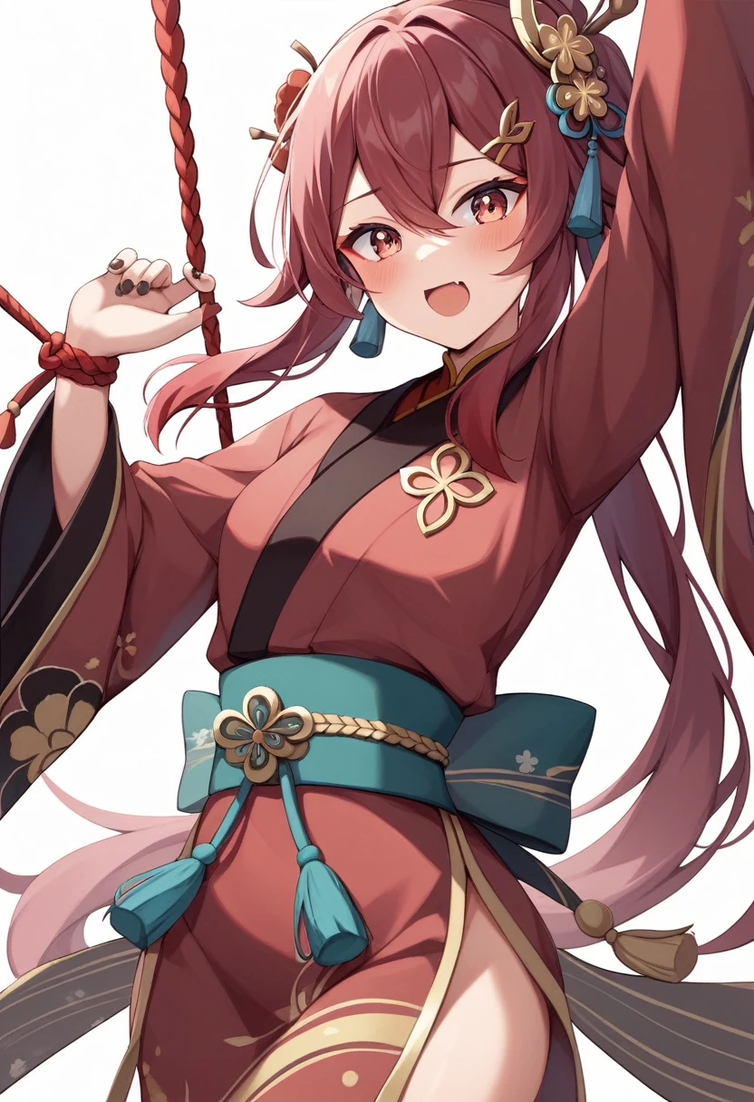 Japanese style、whole body像、Character portrait、Don't cut out、whole body、White background、(masterpiece, best quality:1.2), White background、Long red hair tied up、Japanese style、White background、Red kimono、whole body、Plum blossom accessories、Plum blossom hair clip、Golden Japanese pattern decoration、