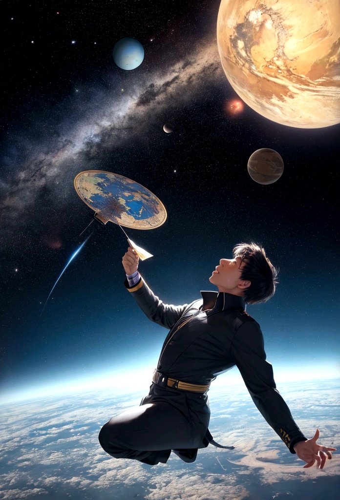 A man flies through the sky，Surrounded by a planet，A variety of stranger city surround it。The man holds the map，'s illustration。