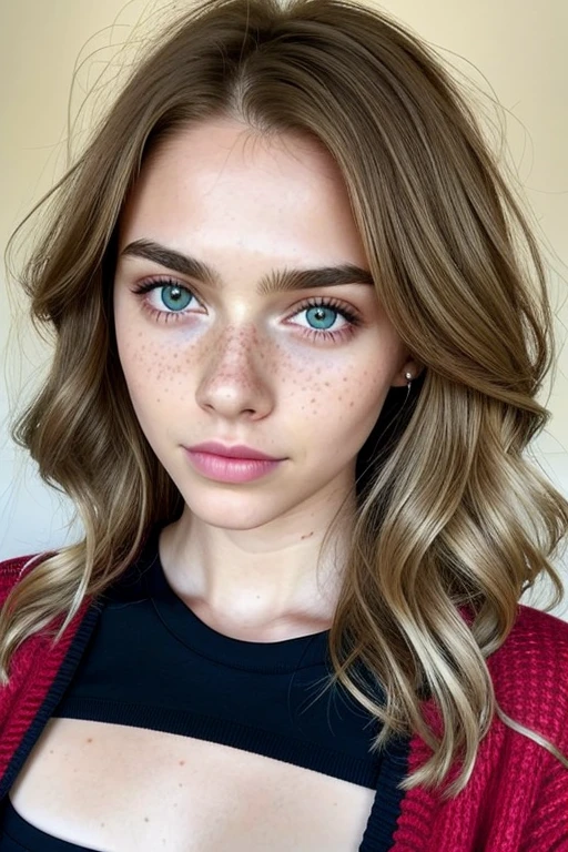 1girl in, 19, Solo, Aesthetic artwork, irish, wavy strawberry blonde hair, shoulder length hair, green eyes, light green eyes, some small freckles, pale skin, runners body, (textured skin, skin pores:1.1), goosebumps, wearing a cardigan without anything underneath, no bra, exposed breasts, sexy pose, piel castaña, cara inocente, bella, pelo dorado, cabello ondulado, labios gruesos