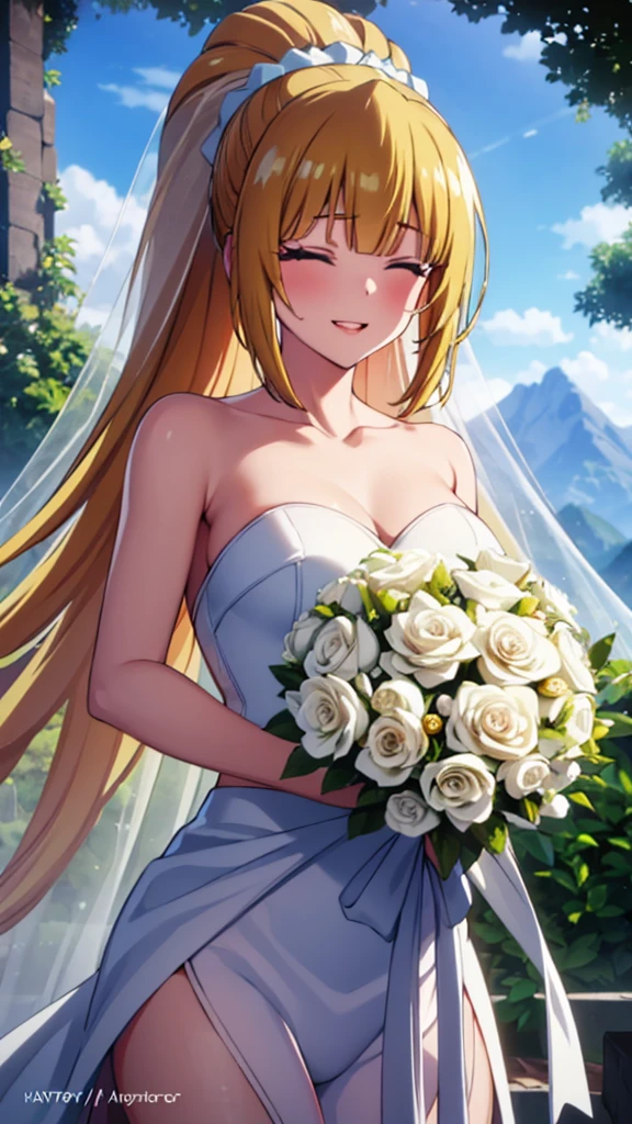 (masterpiece, top quality, best quality, official art, beautiful and aesthetic:1.2), (1girl:1.3), extremely detailed, official artstyle, highest detailed, parted lips,wallpaper, both eyes closed, long hair, beautiful blonde hair, ponytail hairstyle, bangs, (happiness, beautiful smile, happy expression, happy face), ((Wedding dress, chies, Bridal veil, Wedding, Bouquet)),(cowboy shot), holding a flower, cowboy shot