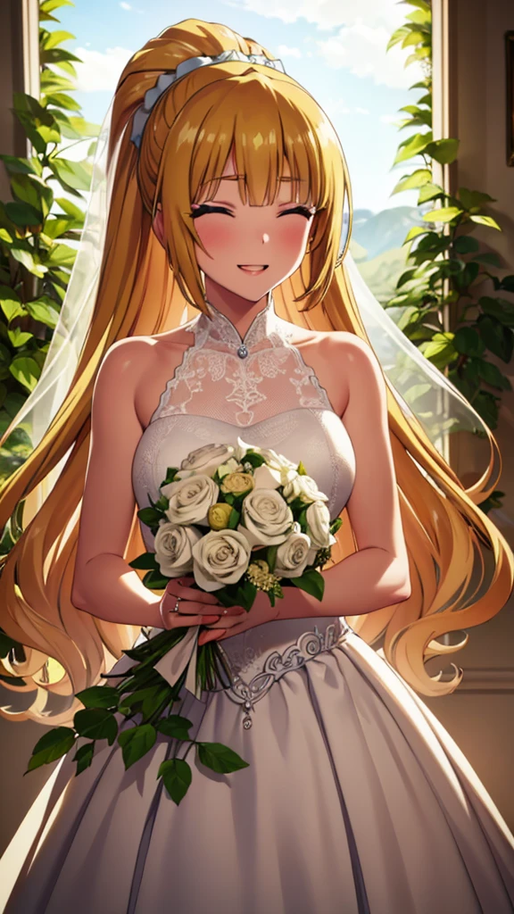 (masterpiece, top quality, best quality, official art, beautiful and aesthetic:1.2), (1girl:1.3), extremely detailed, official artstyle, highest detailed, parted lips,wallpaper, both eyes closed, long hair, beautiful blonde hair, ponytail hairstyle, bangs, (happiness, beautiful smile, happy expression, happy face), ((Wedding dress, chies, Bridal veil, Wedding, Bouquet)),(cowboy shot), holding a flower, cowboy shot