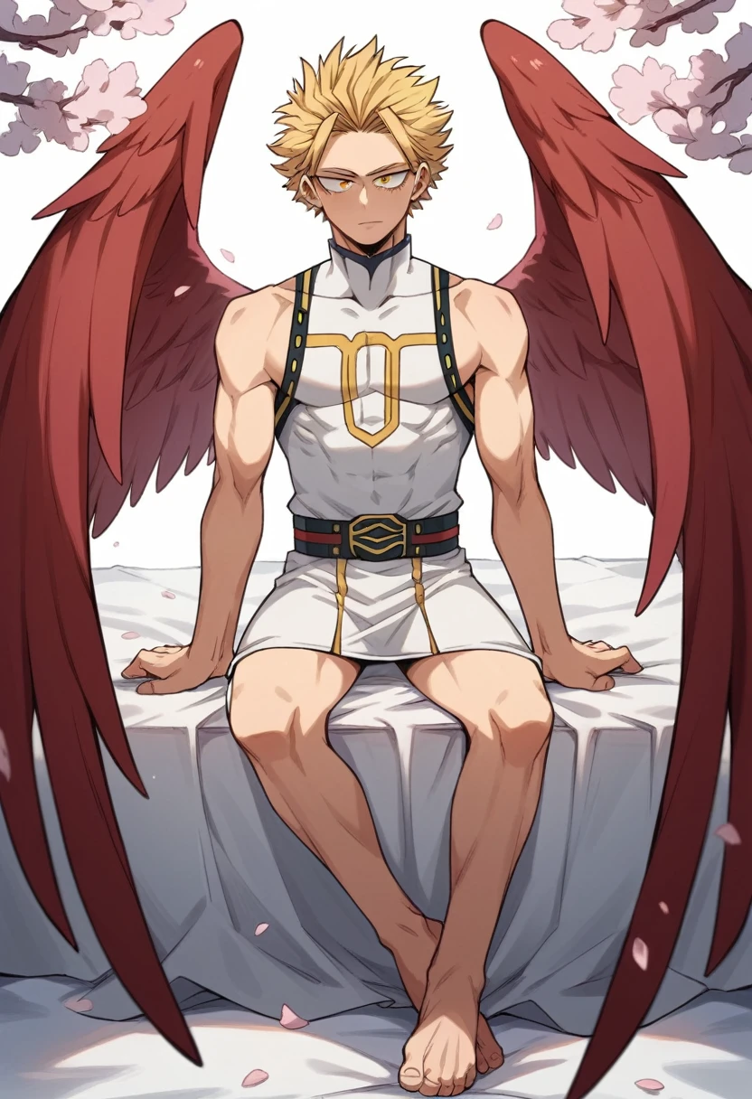 only, boy blonde hair slicked back, some front strands, gold eyes, with bird marks under his tear ducts, white sleeveless long collar thigh-length shirt dress, long dark thigh high stockings, red wings on his back, sitting on his knees on a blanket, with cherry blossoms, Boku no hero academia, Hawks 