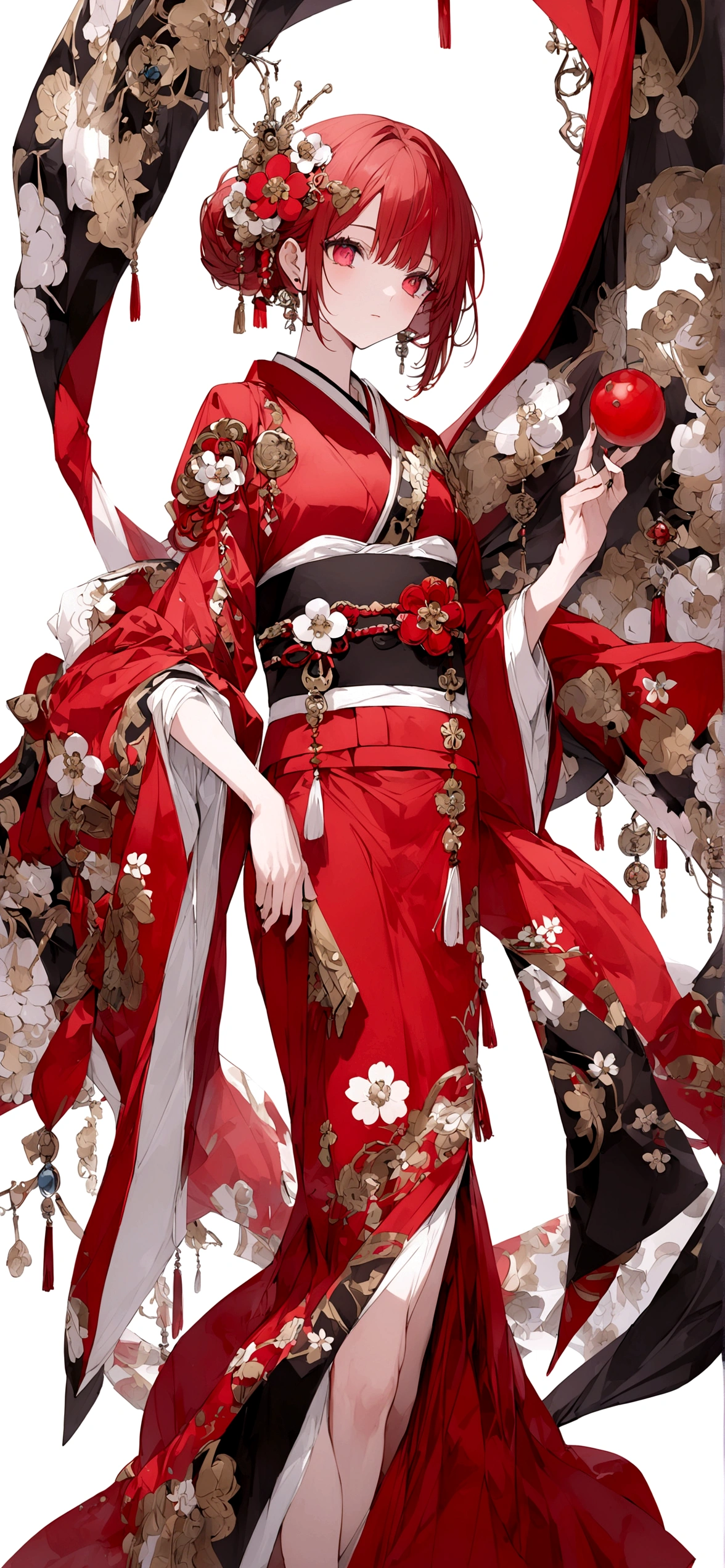 White background、Red kimono、Red Hair、Red eyes、Plum blossom accessories、25 year old sister、whole body、Don't cut out