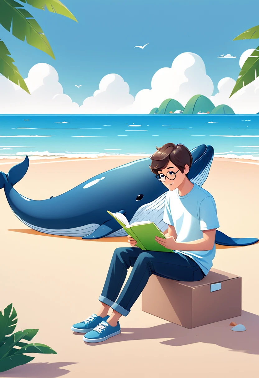 A boy sitting on the beach,Holding a notebook in hand,A cartoon of a whale next to it, 2d illustration, 2d illustration, detailed 2d illustration, Clean and concise illustrations, Website Avatar, simple cartoon style, digital 2d illustration, 2D mask illustration, 2. 5D Illustration, Animation illustration style, john egbert, 2D digital illustration, Simple illustration