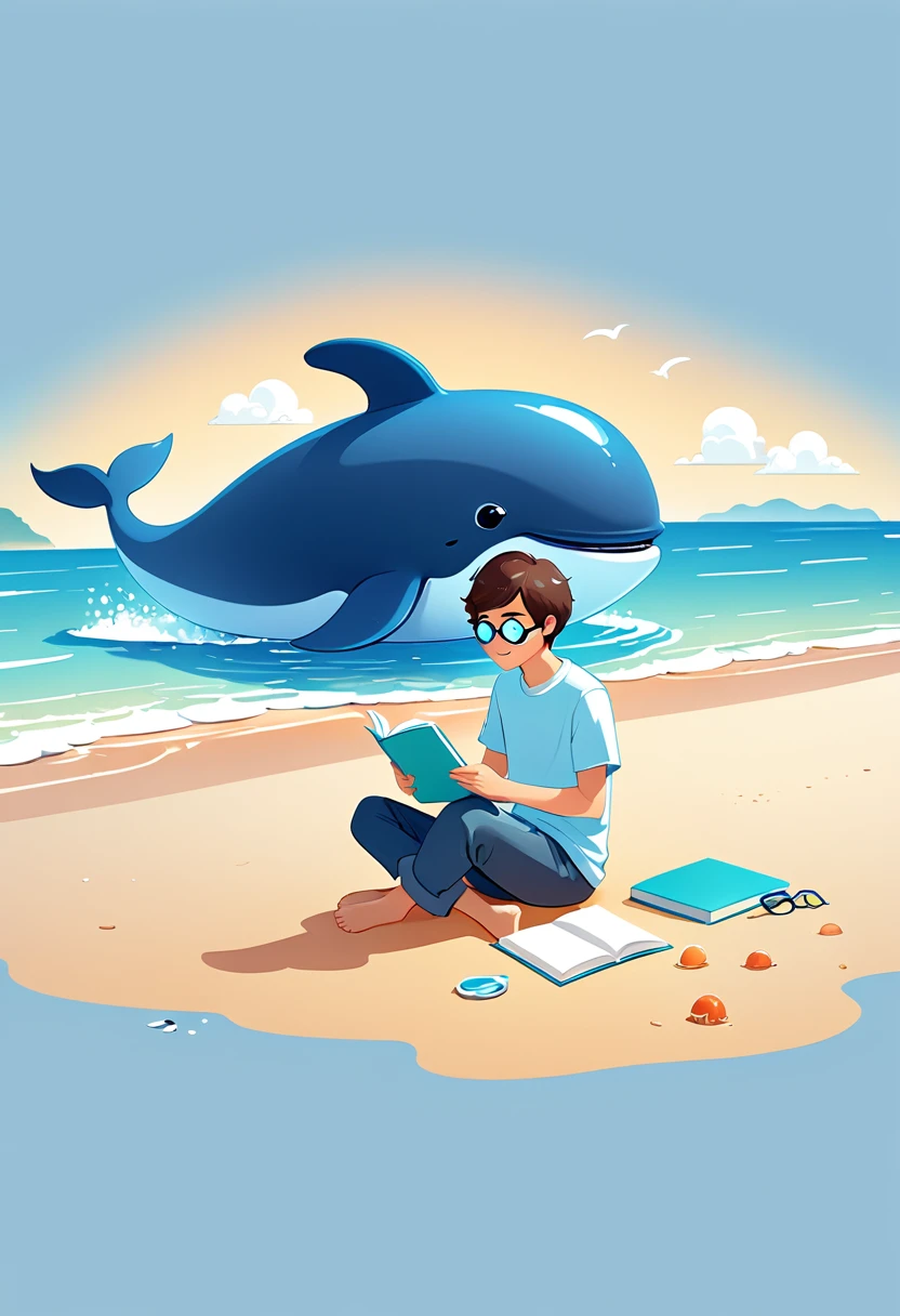 A boy sitting on the beach,Holding a notebook in hand,A cartoon of a whale next to it, 2d illustration, 2d illustration, detailed 2d illustration, Clean and concise illustrations, Website Avatar, simple cartoon style, digital 2d illustration, 2D mask illustration, 2. 5D Illustration, Animation illustration style, john egbert, 2D digital illustration, Simple illustration