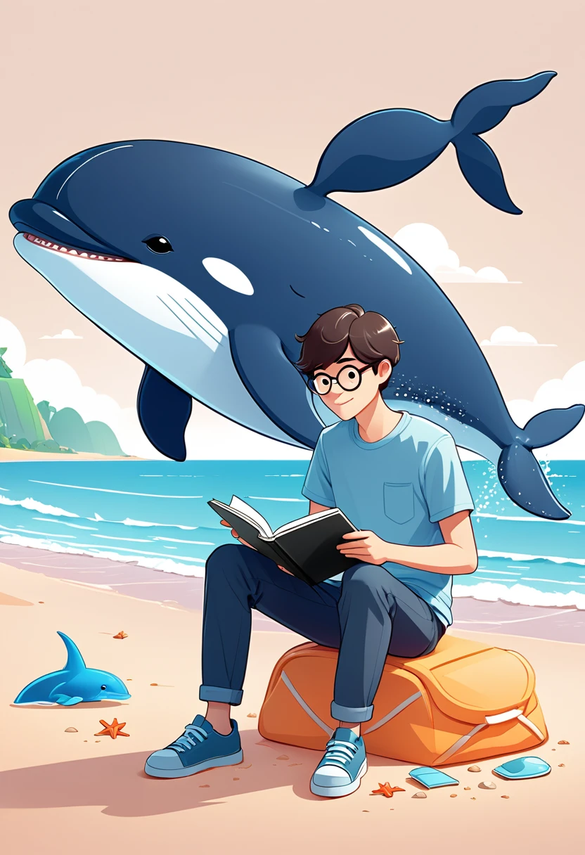 A boy sitting on the beach,Holding a notebook in hand,A cartoon of a whale next to it, 2d illustration, 2d illustration, detailed 2d illustration, Clean and concise illustrations, Website Avatar, simple cartoon style, digital 2d illustration, 2D mask illustration, 2. 5D Illustration, Animation illustration style, john egbert, 2D digital illustration, Simple illustration