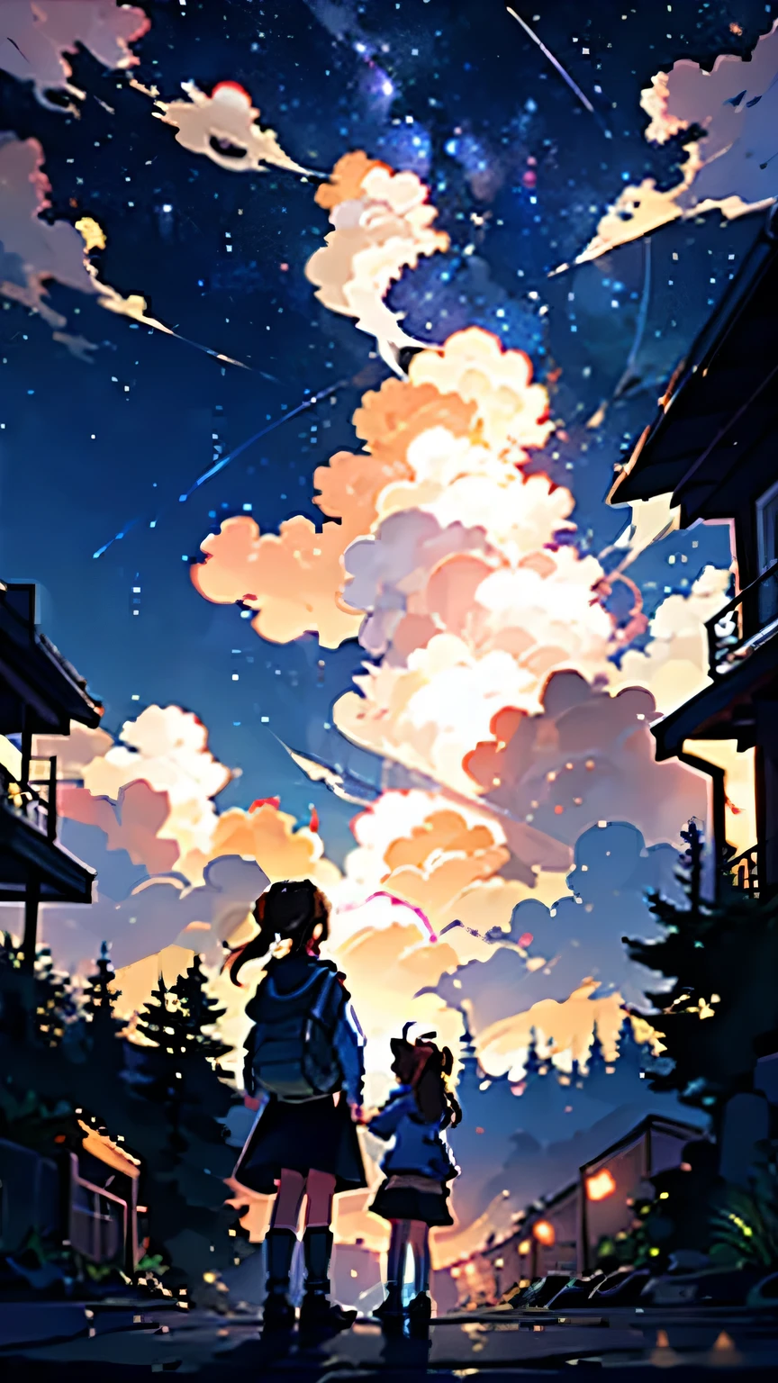 Cat and girl,18-year-old,high resolution,Beautiful night sky,Girl looking up,ponytail,Brown Hair