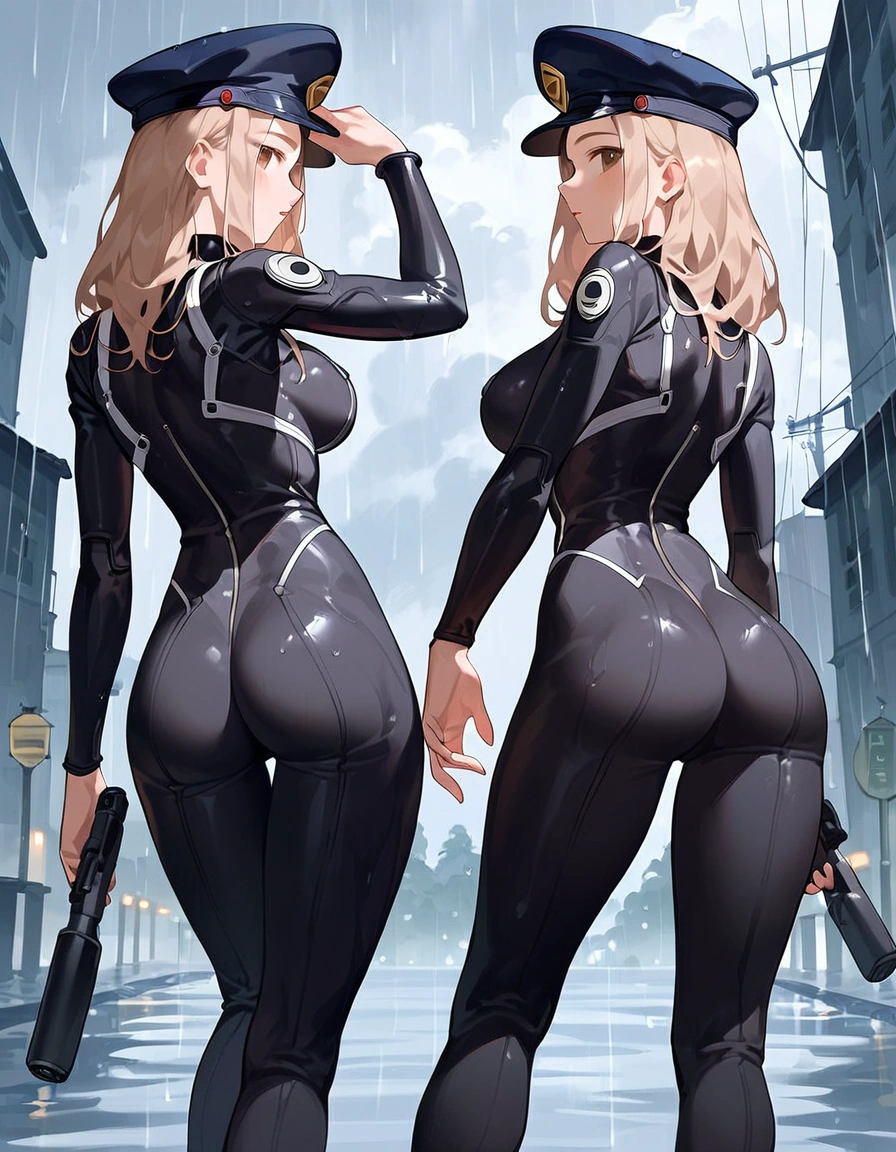 anime artwork, score_9, score_8_up, score_7_up, score_6_up, score_5_up, score_4_up, r,Camie Utsushimi, light brown hair, dark brown eyes,, breasts, , big breasts, , standing, cap, she is 24 years old, , ,horny, , , , style_3, , outdoors, raining, catsuit, wet, dark atmoshpere, , gaps in the clouds,back view, heavenly ass