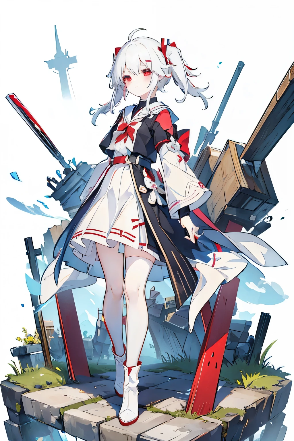 アニメの女の子 with white hair and red bow sitting on the ground, Sailor dress, Cute girl anime visuals, young anime girl,  pretty anime girl, White Hair Girl,  White background、Full-body portrait、Black boots、Red Eyearine color dress、Knee-high socks、whiteback、Standing girl,Stand Up、Standing girl