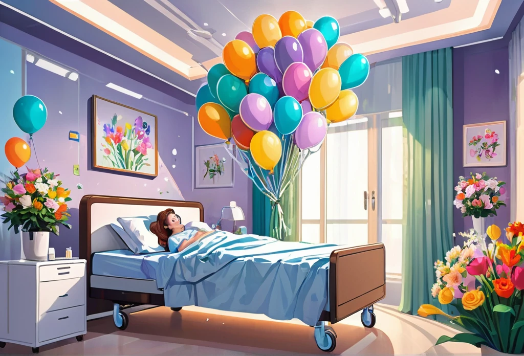 Hospital with modern design and equipment, a patient on the bed with flowers and balloons around the patient (masterpiece best quality:1.2) delicate illustration ultra-detailed, detailed background, illustrations, bright, colourful,