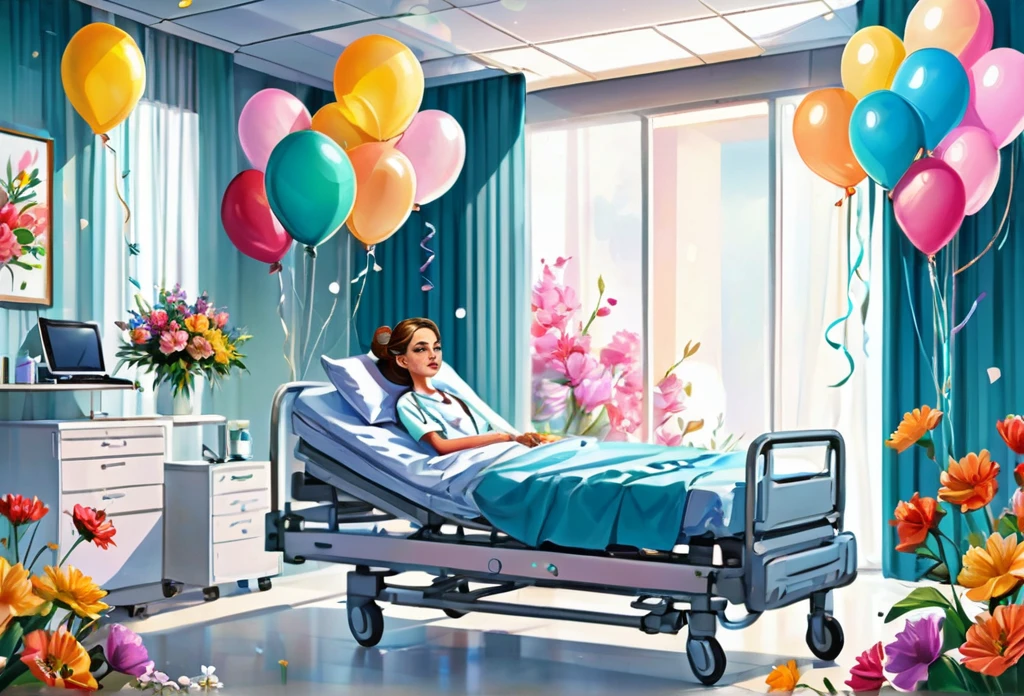 Hospital with modern design and equipment, a patient on the bed with flowers and balloons around the patient  (masterpiece best quality:1.2) delicate illustration ultra-detailed, detailed background, illustrations, bright, colourful, 