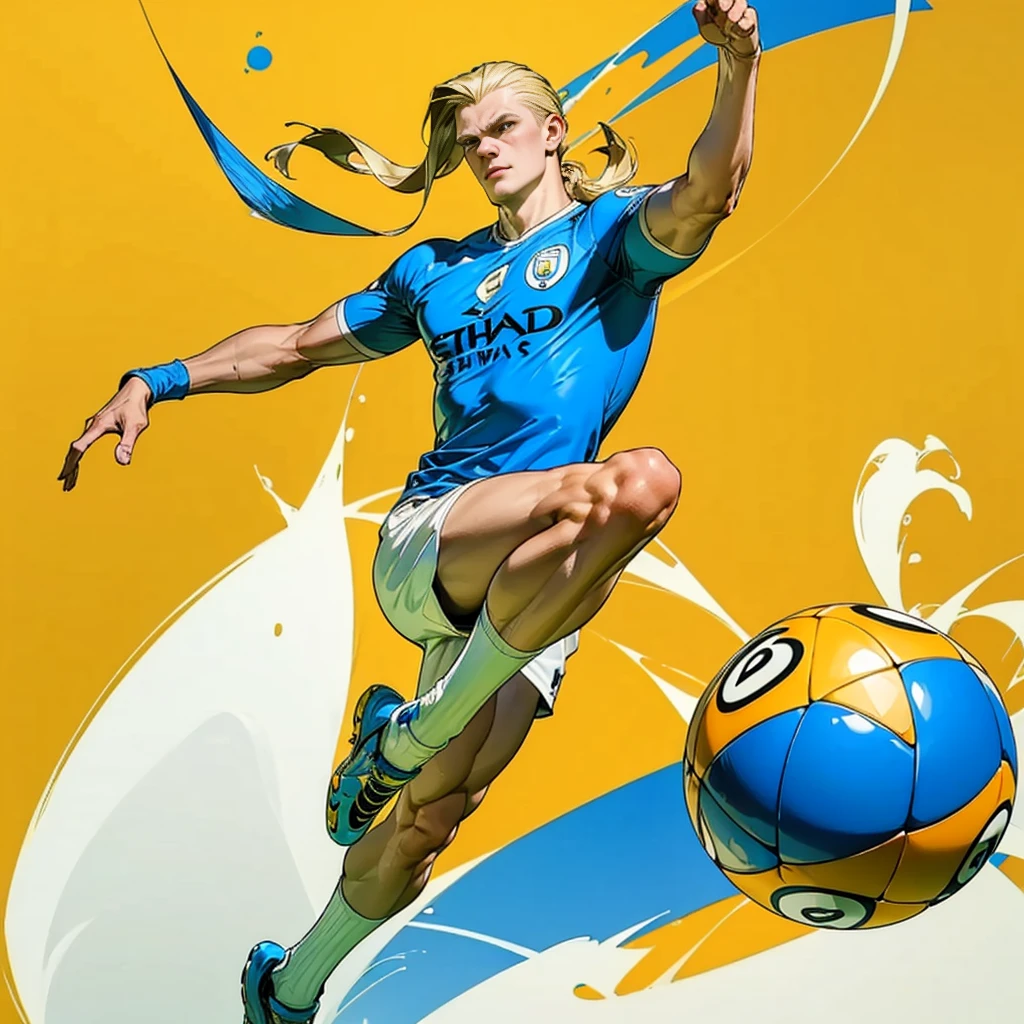 Random evolution, (1man), (full body version), tall man, muscle, Masculine, (his face scowls), albino skins, sport, football player, 1ball, (Blonde colored hair, Long Straight hairstyle, narrow eyes, hazel eyes), Manchester City blue t-shirt, White shorts, white socks, Grassroots, There's a ball, ((his pose is bicycle kick)), (((his foot right are on fire))), (((His right leg was burned))), (full background, football stadium background)