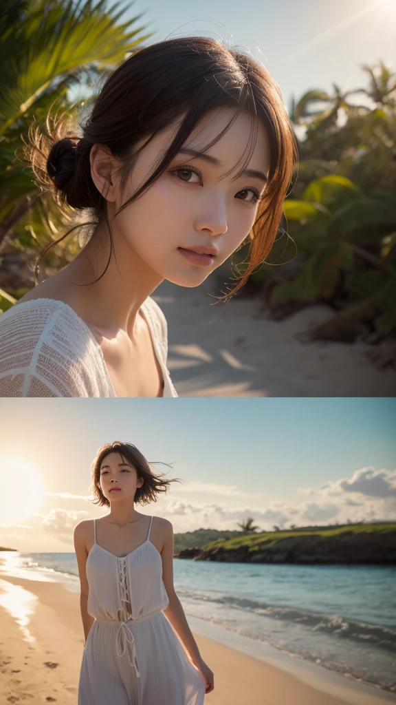 Full Body Shot、Tropical sandy beach、(masterpiece、8K、RAW Photos、wonderful、最high quality、Very detailedな CG 統合 8K 壁紙、high quality、Very detailed、narrative poem、Depth of written boundary、Cinematic Light、Lens flare)、Black-haired、Beautiful Face、True Face、Beautiful details、eye、Beautiful Skin)、髪がWindで踊る、Hair flutters in Wind、Hair bounces、wonderful景色、Morning Glow、Sun in the background、Wind、