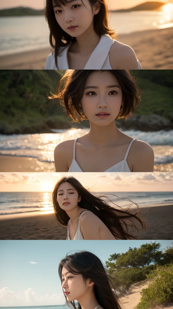 （（（（（（All Nude））））））（（（（（（（（Nipples、pubic hair））））））））、（（（（（White see-through camisole）））））1girl in,Very beautiful 16 year old Japan woman、beautidful eyes、cleavage of the breast、Night came、Severe thunder and rainstorms、the wind、cloudy ash sky、It's raining a little、Body like a model、JumpHigh-level image quality、Top image quality、Looking at the camera、Focus on the eyealdives、shores、 in the jungle、Sleeping face down on the beach