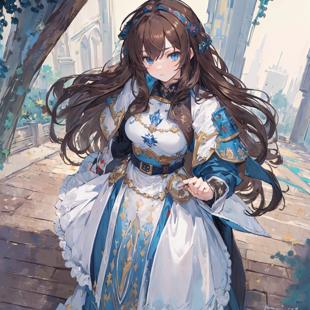 (solo), (masterpiece:2), (high quality), (high detail), (anime:1.25), (boy, male), cute, fantasy, medieval, (brown hair, wavy, thick), (blue eyes ), (dressed in knight's armor), (full height, standing)