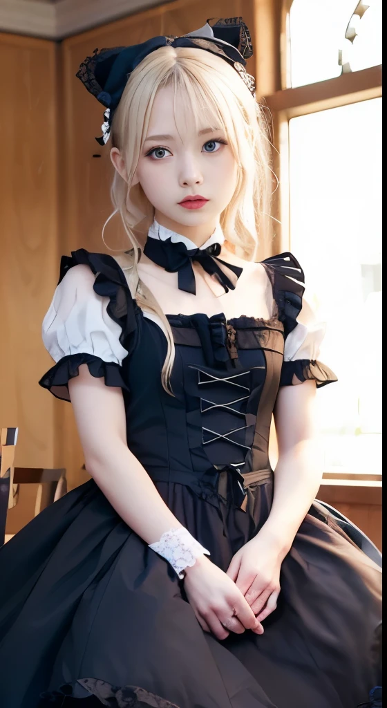 (Tabletop, Highest quality:1.2), 8K, 85mm, Official Art, RAW Photos, Absurd, Platinum Blonde Hair, (blue eyes, Lolita Fashion, Sweet Lolita, Gothic, dress:1.2), Idol's face, Upper Body, beautiful girl, Gardeniass, Copenhagen, Short sleeve, grace, Sophisticated, Gardenia, View your viewers, Film Grain, chromatic aberration, Sharp focus, Face Light, Dynamic Lighting, Cinema Lighting, Detailed face, Bokeh Background