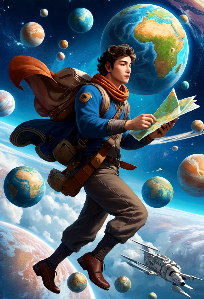 A man flies through the sky，Surrounded by a planet，A variety of goods surround it。The man holds the map，'s illustration。