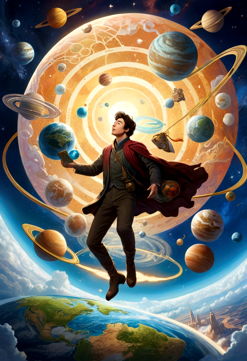 A man flies through the sky,Surrounded by a planet,A variety of goods surround it。The man holds the map,'s illustration。